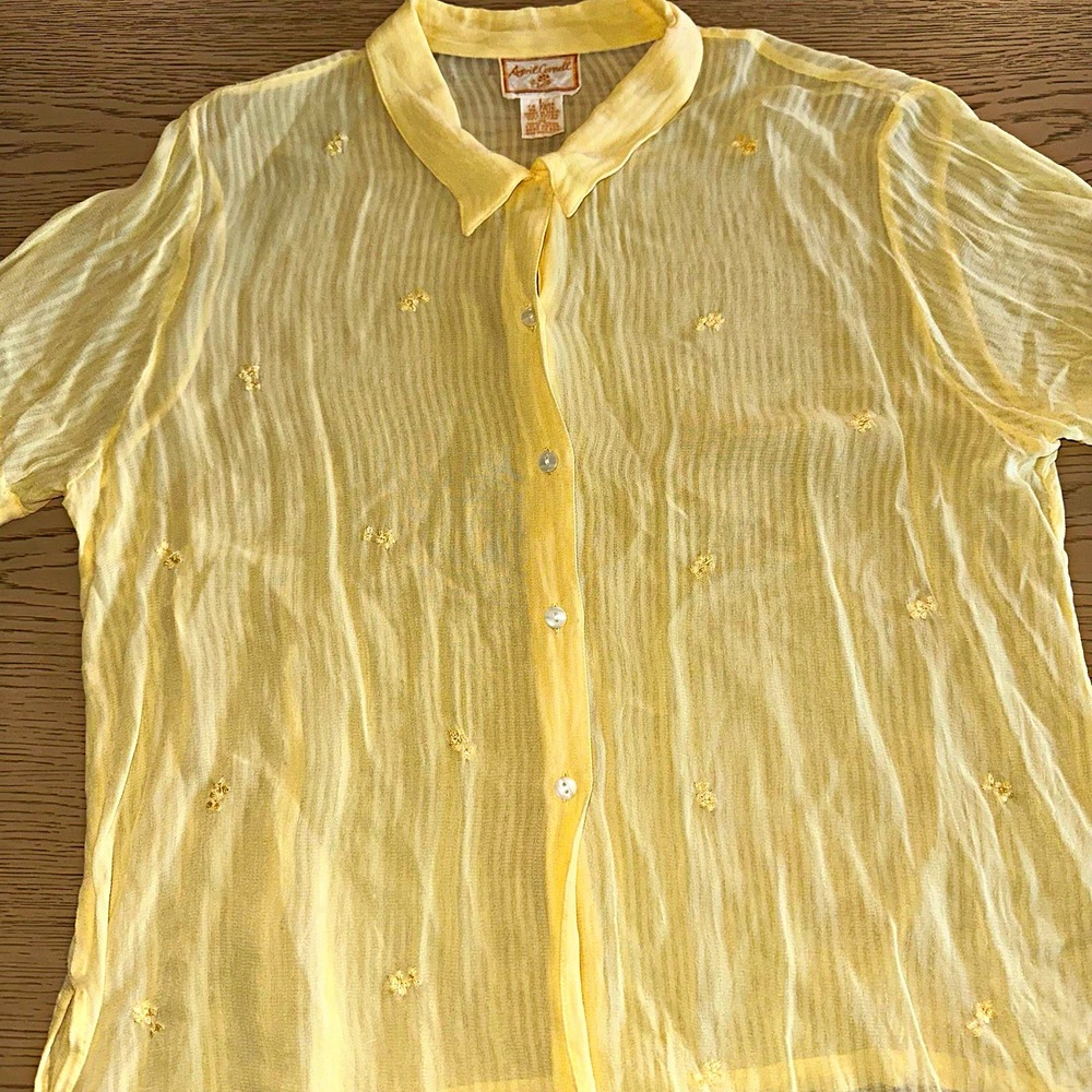 Vtg April Cornell Yellow Sheer Embroidered Blouse Large 90s Cottagecore Rayon